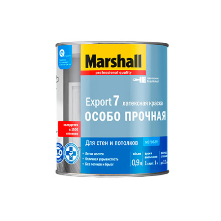 Marshall Краска Export-7 в/д для стен и потолков матовая (7% блеска) BW 0,9л. Матовая. 